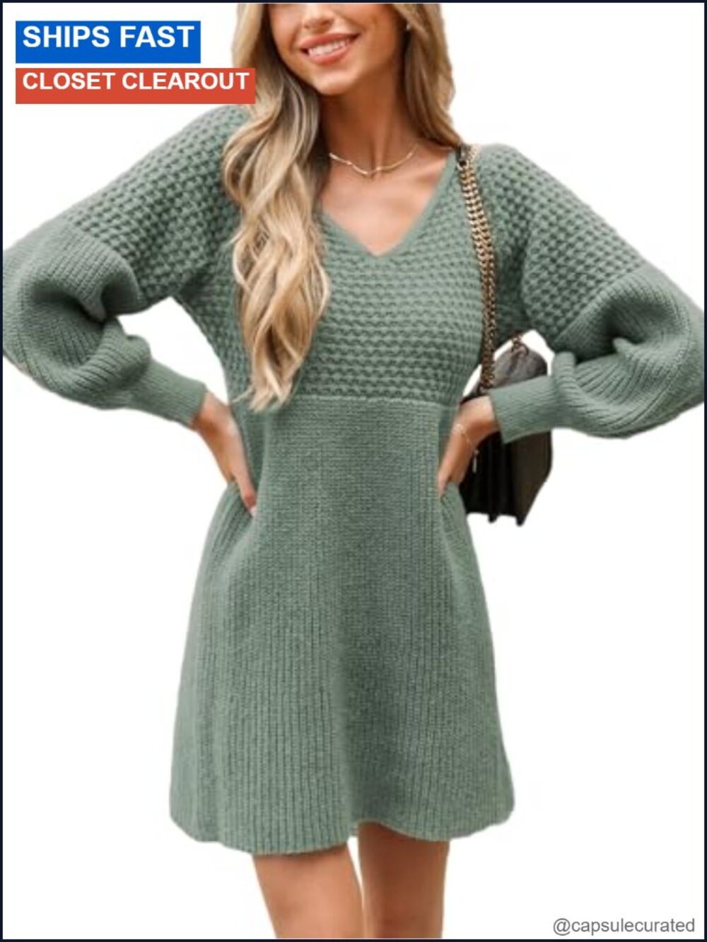 Sweater Dress V Neck Long Sleeve Textured Fall Casual Knit Pullover Mini